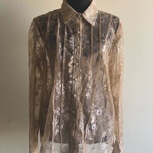 Anthropologie floral lace button up shirt classic  gold and tan sheer blouse top